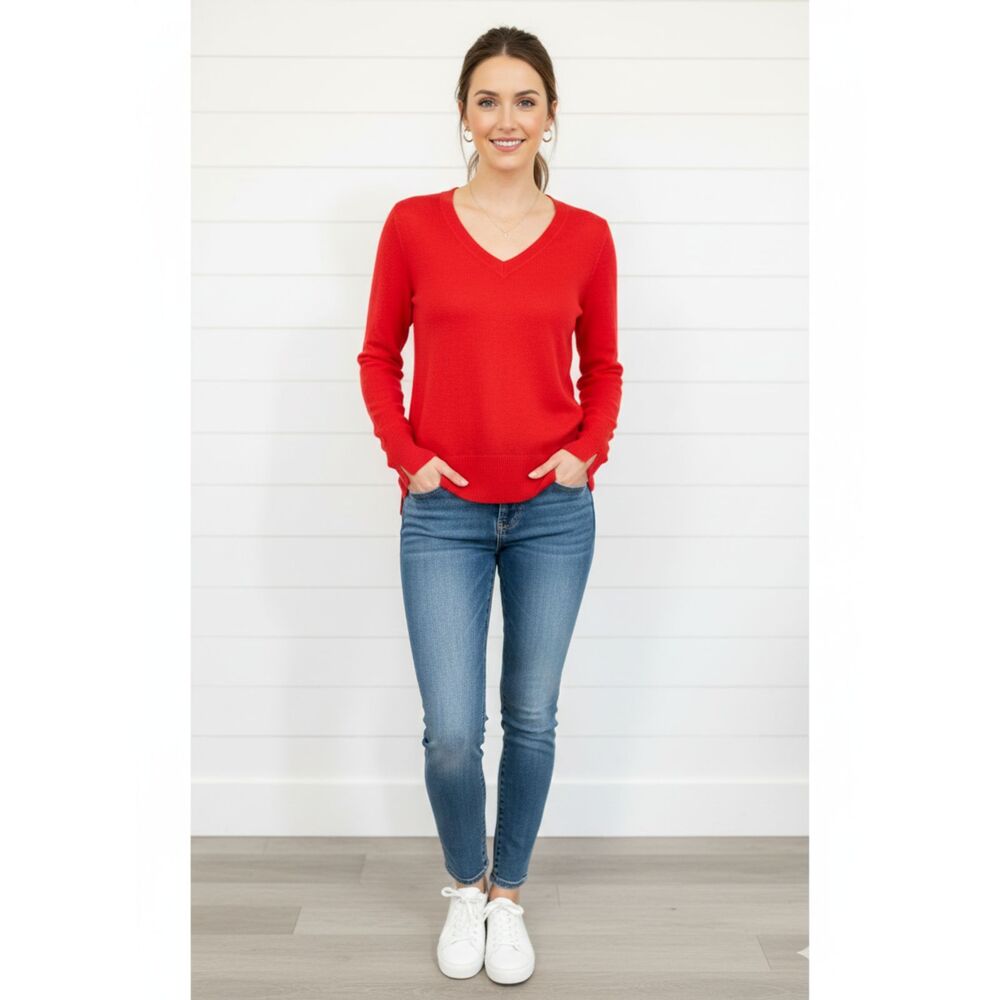 KENAR Superfine Merino Wool Womens Red V Neck Sweater SZ S